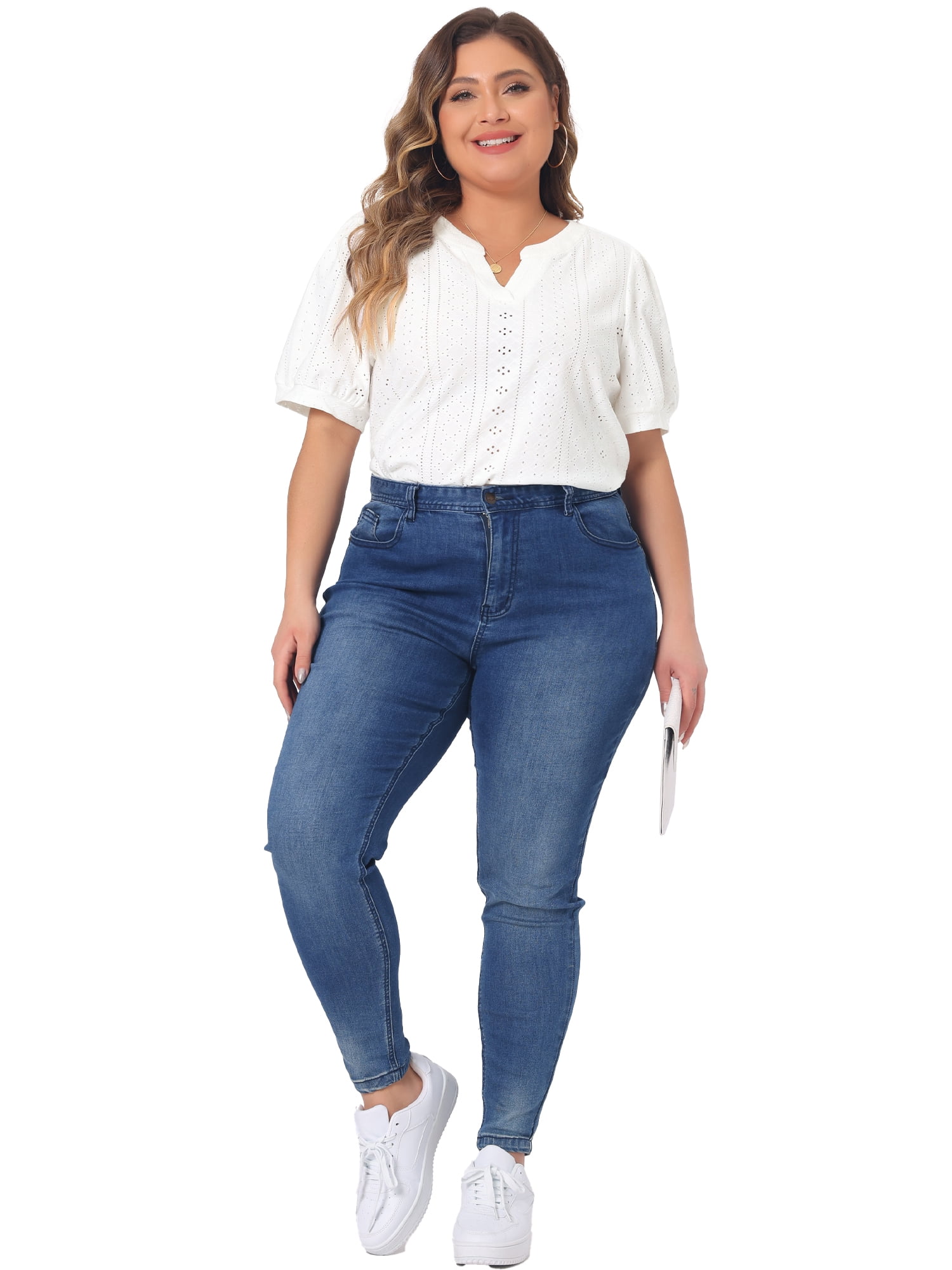 Women's Plus Tops Hollow Casual V Neck Short Sleeve Summer Blouse Shirts 6X White