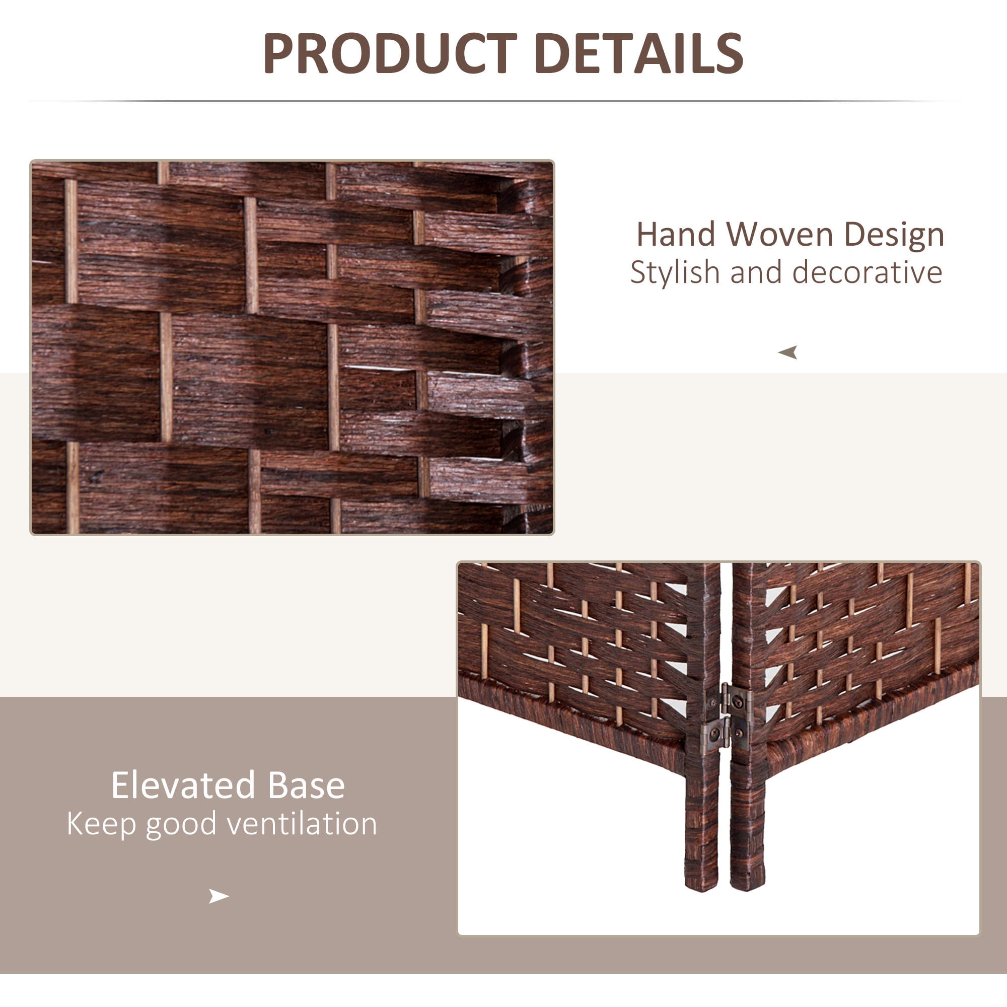 Folding Room Divider 4 Panel 6FT (70.9") Tall Privacy Screen Wicker Weave Freestanding Partition Wall for Bedroom Home Office Dorm, Brown