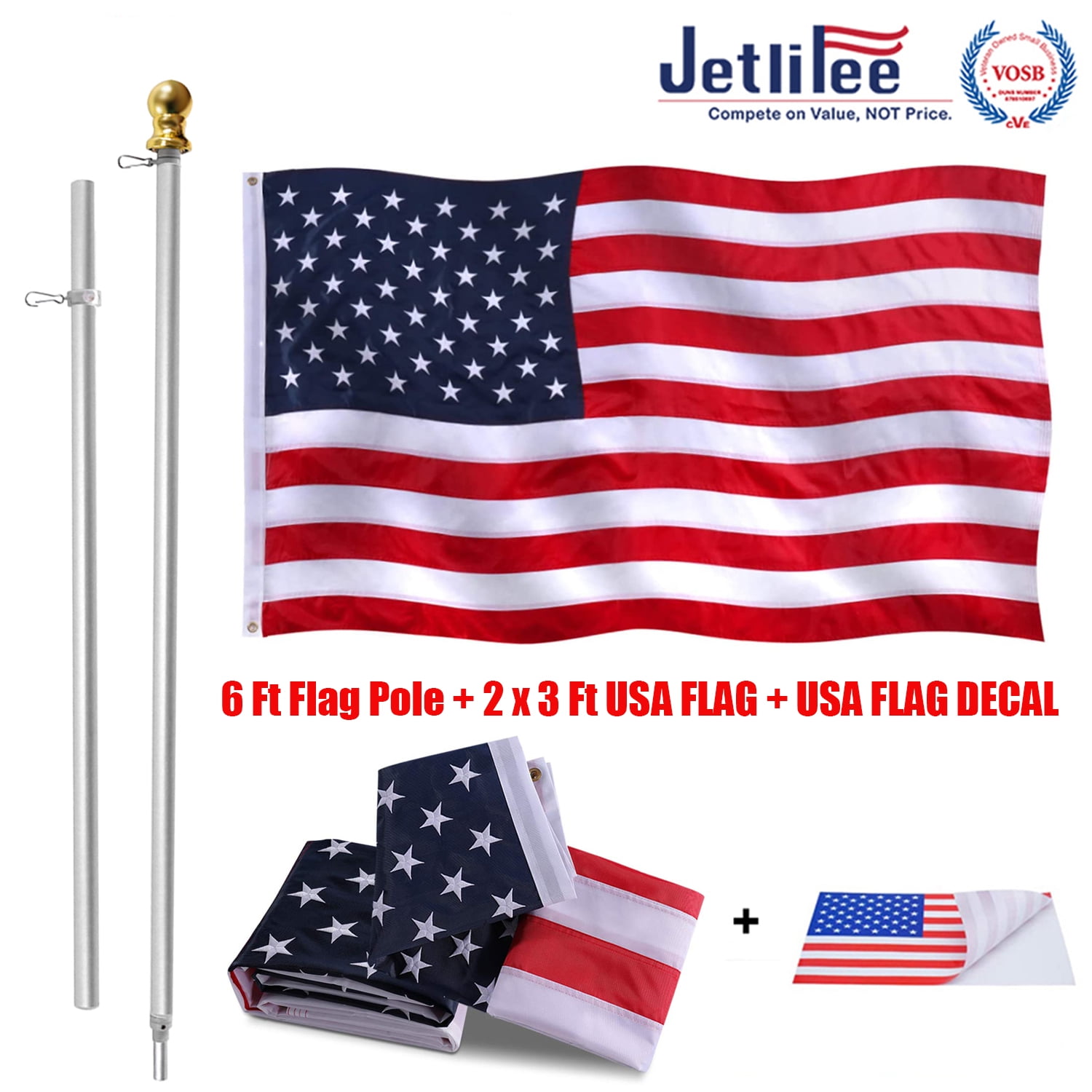 3x5 ft USA Flag with 6 Ft White Free Spinning Flagpole & 360° Wall Mount Kit 