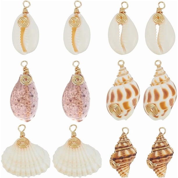 36 colgantes de concha, 6 estilos, conchas marinas en espiral, dijes artesanales con alambre de cobre chapado en oro de 18 quilates, dijes de concha natural.