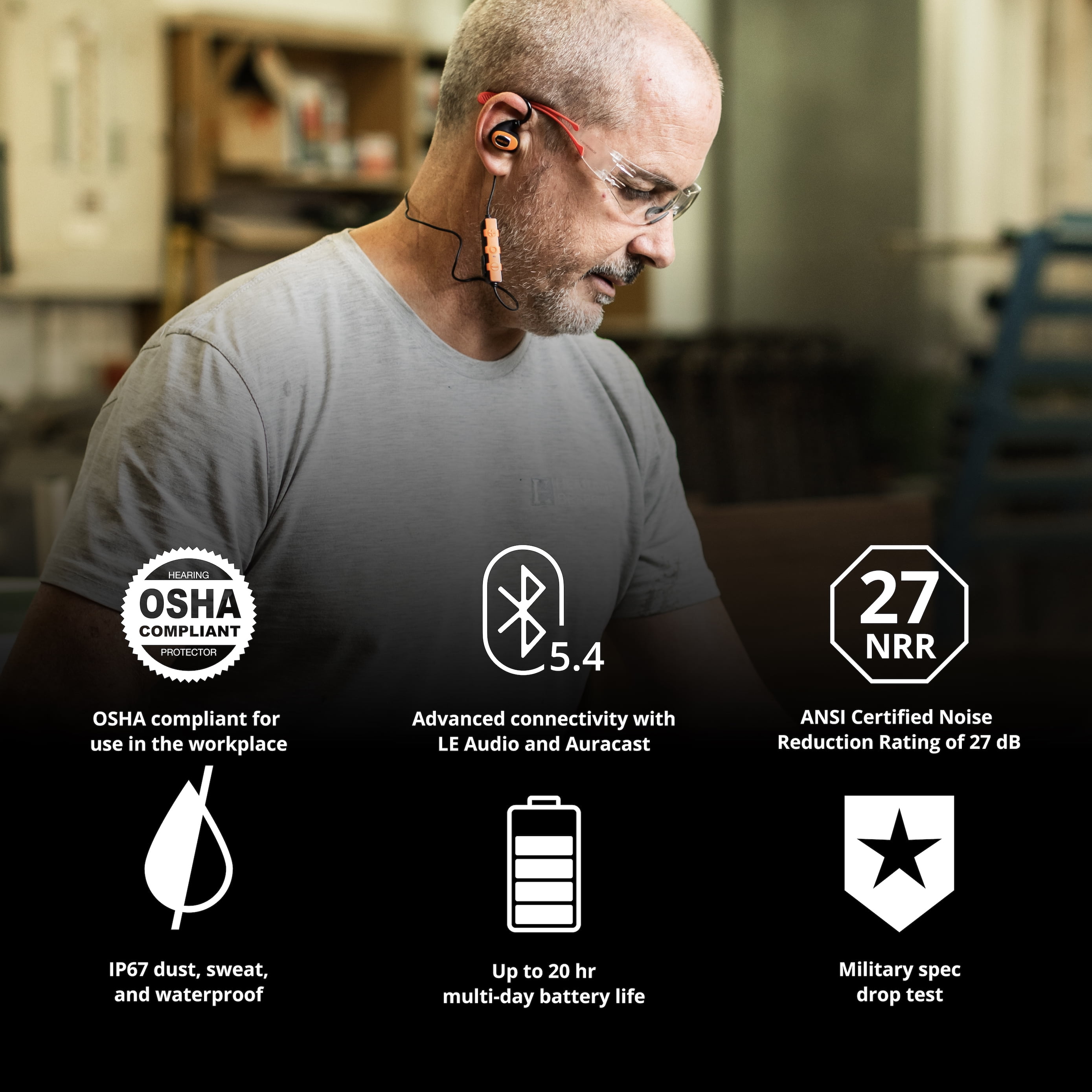 ISOtunes PRO 3.0 Bluetooth Hearing Protection Earbuds, 27 dB NRR Noise Reduction, 20-Hour Battery, IP67 Durable, OSHA-Compliant