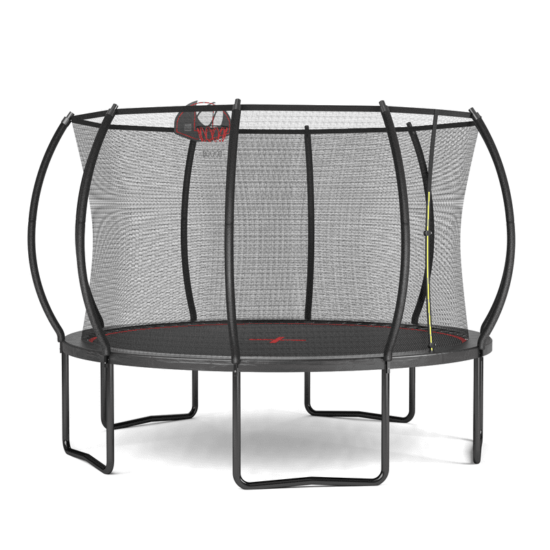 12FT Round Trampoline with Safety Enclosure Net & Basketball Hoop, Outdoor Backyard Trampoline for Kids, Black