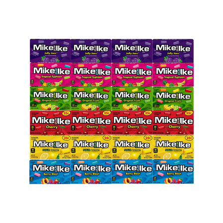 Variety Pack Mike and Ike Candy 24 Pack – Includes Jolly Joes, Tropical Typhoon, Original Fruits, Cherry, Sour Lemon, Berry Blast – 4 of Each Flavor – Chewy Fruity Candy – 0.78 oz Per Box