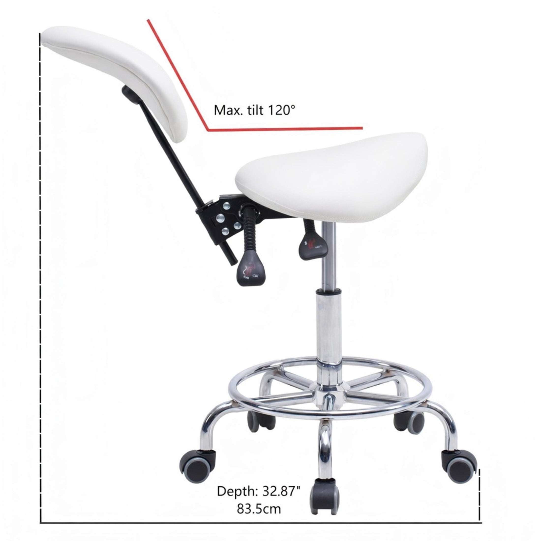 Noble House Saddle Stool Chair with Adjustable Backrest, Hydraulic Lift, Swivel Seat, White