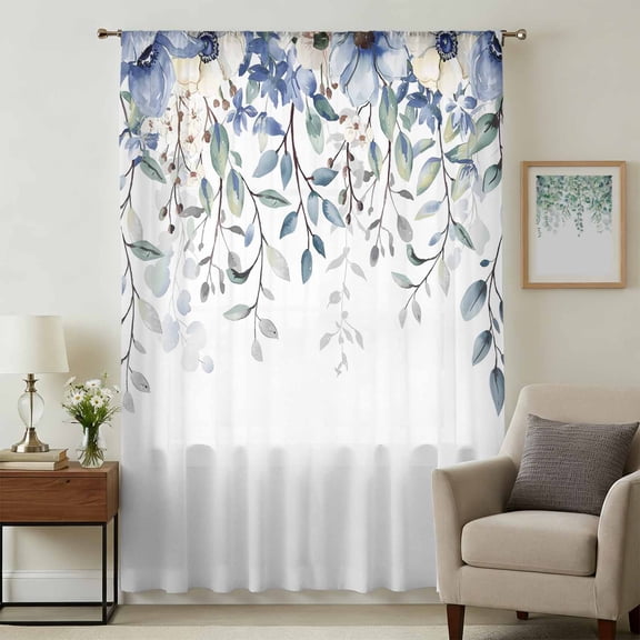 Blue Eucalyptus Sheer Curtains 45 Inches Long, Farmhouse Flowers Leaf White Watercolor Light Filering Curtains, Breathable Simi Curtain Privacy Drapes for Kitchen Bathroom Small Window Treatment