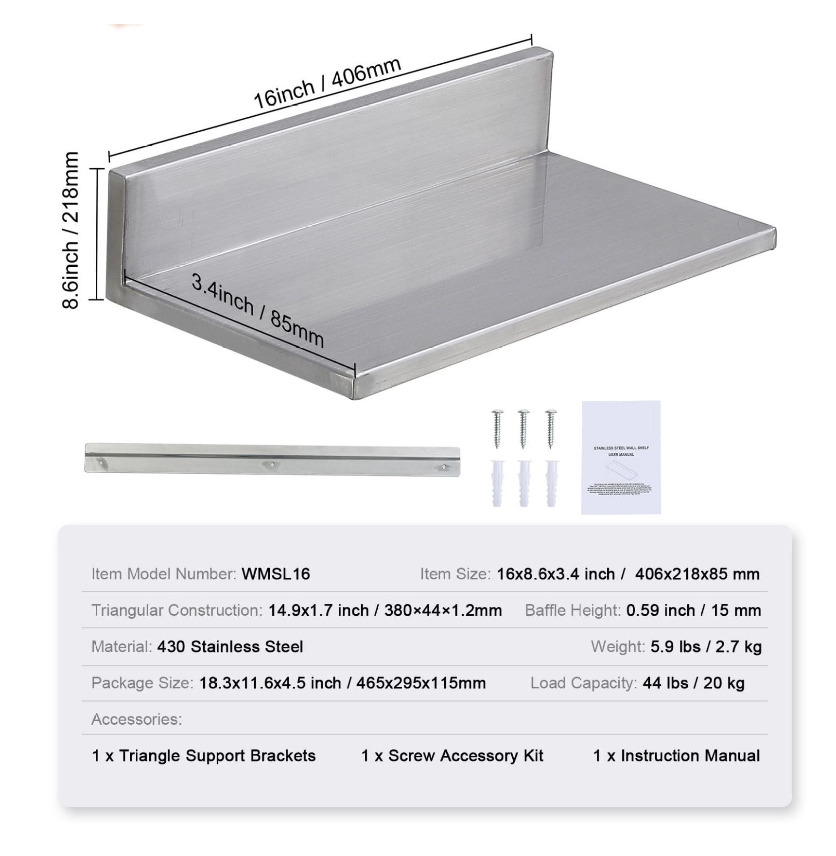 Stainless Steel Shelf 8.6x16 Inch, Wall Mounted Floating Shelves with Backsplash, 44lbs Capacity, Heavy Duty Storage for Kitchen, Restaurant, Bar, Hotel