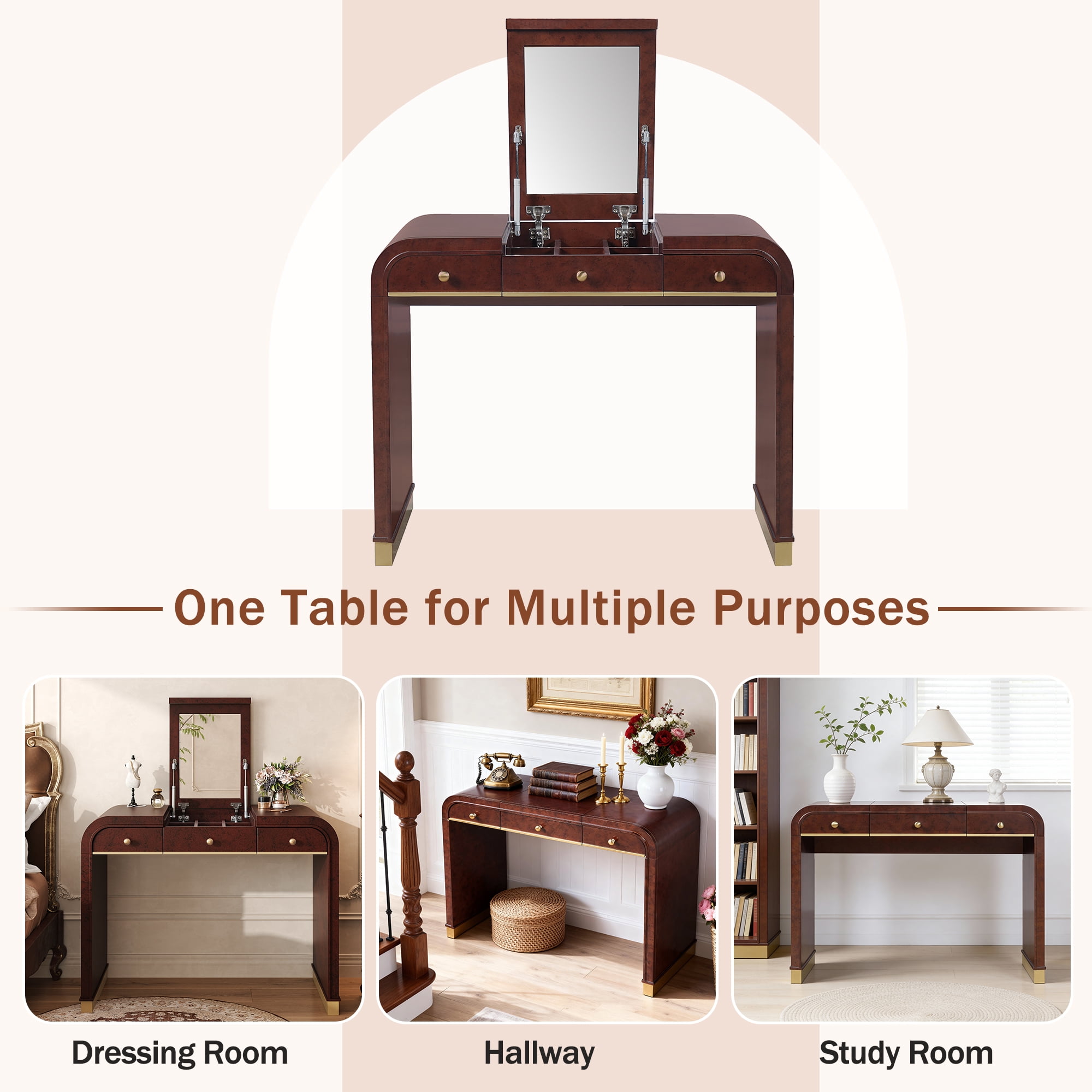 Mintazer Classic Wood Vanity Set with Flip Mirror, 3-in-1 Dressing Table with 2 Drawers & Storage Space, Makeup Vanity Desk for Bedroom, Espresso