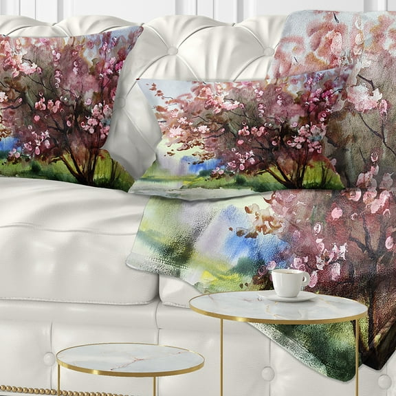 Designart Tree with Spring Flowers - Floral Throw Pillow - 12x20