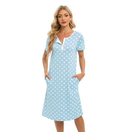 

Sunsent Women s Soft Comfy Nightgown Short Sleeve Sleepwear Retro Polka Dot Nightshirt Henley Neck Button Down Nightdress with Pockets S-XXL