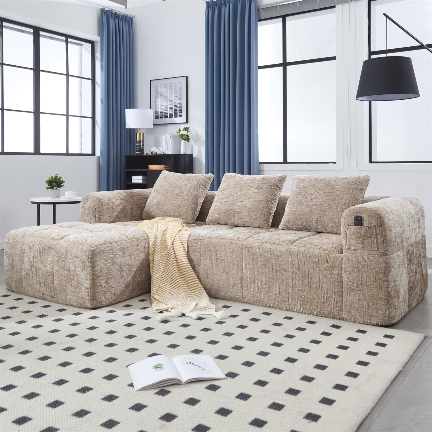 Demi Bonn 98" L-Shaped Modular Sectional Sofa with Chaise, Side Pockets, Modern Comfort Couch, Compression-Free Installation for Living Room, Beige