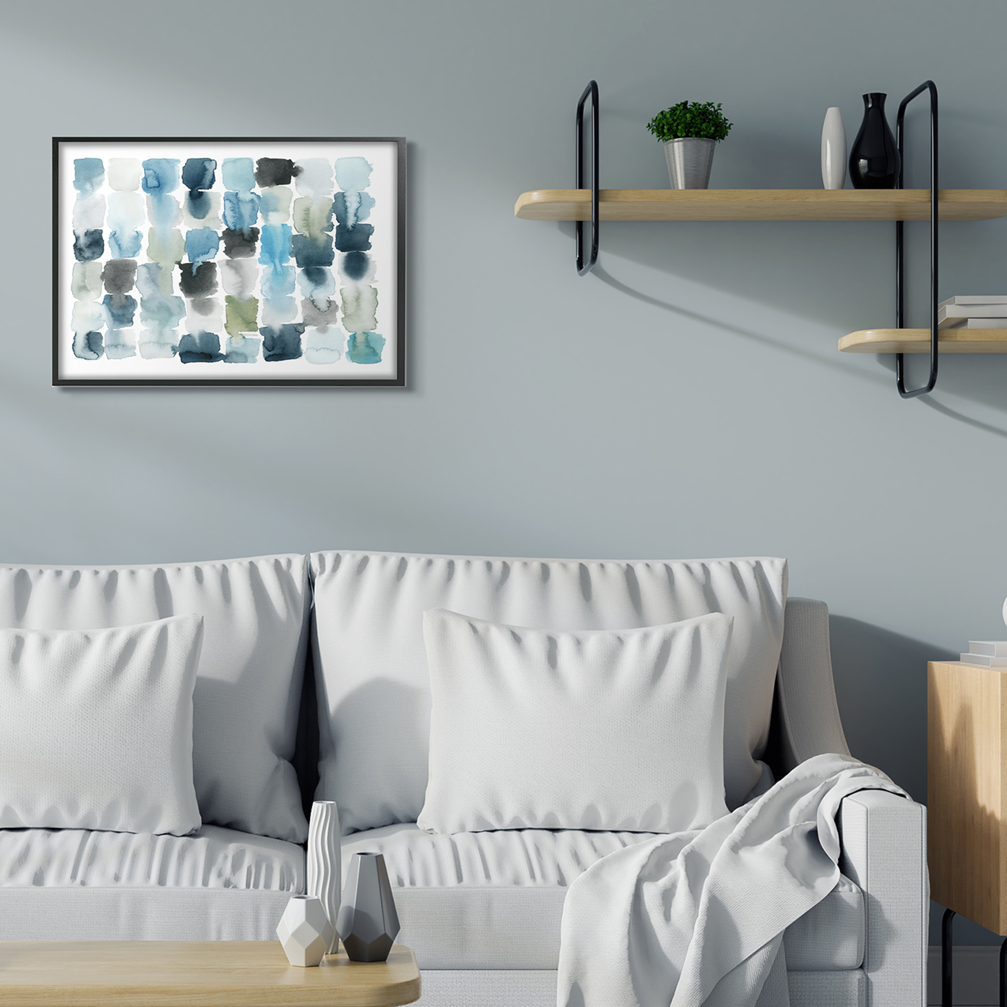 Stupell Industries Ocean Inspired Abstract Tiles Blue Green Watercolor Abstract Painting Black Framed Art Print Wall Art, 24 x 30
