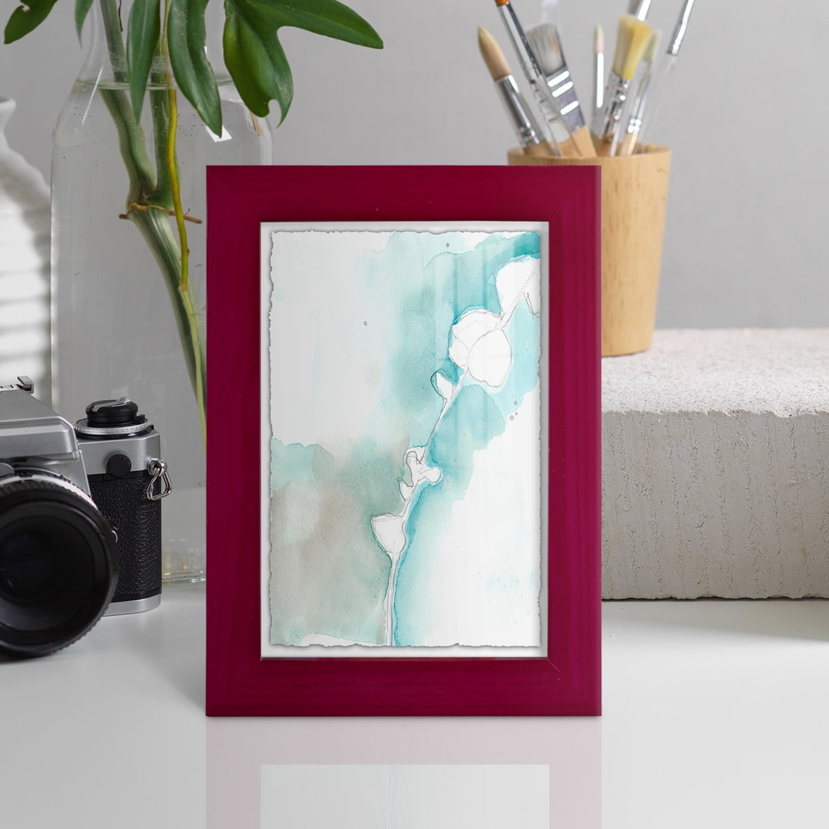 Ginkgo on Dusty Teal VII - Framed Print w/glass - Cherry Red