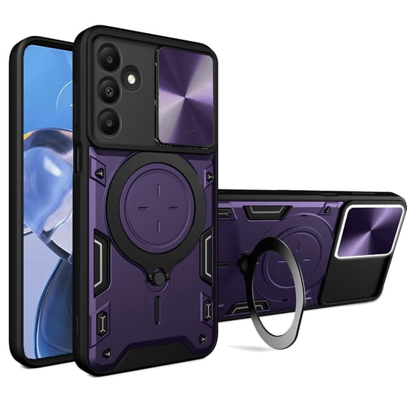 ELEHOLD For Samsung Galaxy S26 Heavy Duty RuggedCase, Sliding Lens Cover Foldable Kickstand Bracket Strong Magnetic Force Shockproof Hybrid Case,Purple