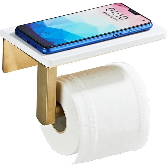 Brushed Gold Toilet Paper Holder with Marble-Look Shelf, Wall Mounted SUS304 Stainless Steel Toilet Roll Holder with Phone Storage