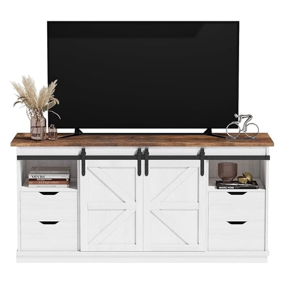 TV Stand with 4 Drawers for 65 Inch TV, Farmhouse Entertainment Center with Storage and Sliding Barn Doors, Rustic Media TV Console Cabinet with Shelves for Living Room Bedroom (Bright White)