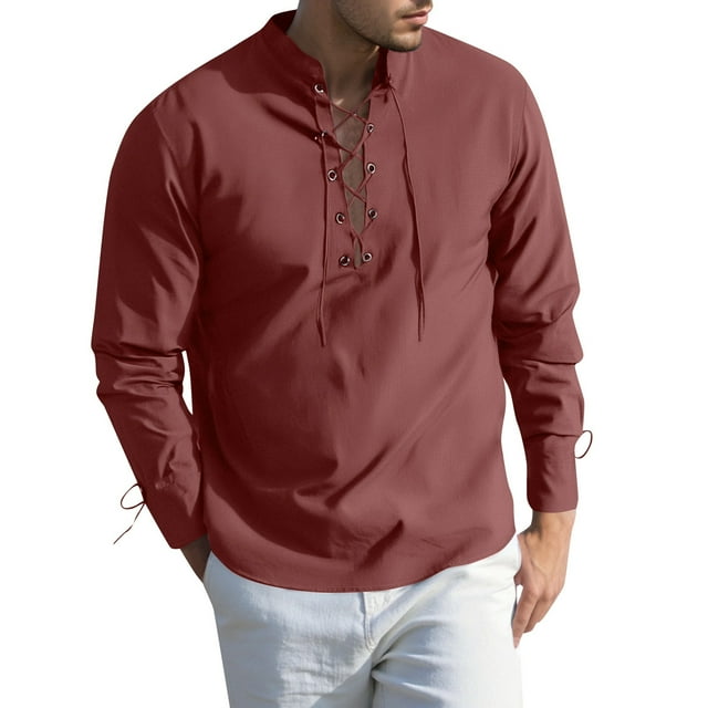 Medieval Style Men's Shirt Long Sleeve Casual Daily Wear Tunic Top With Drawstring Pure Color Soft Stretch Fabric For All Seasons