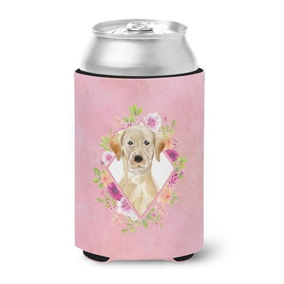 Yellow Lab Pink Flowers Can or Bottle Hugger