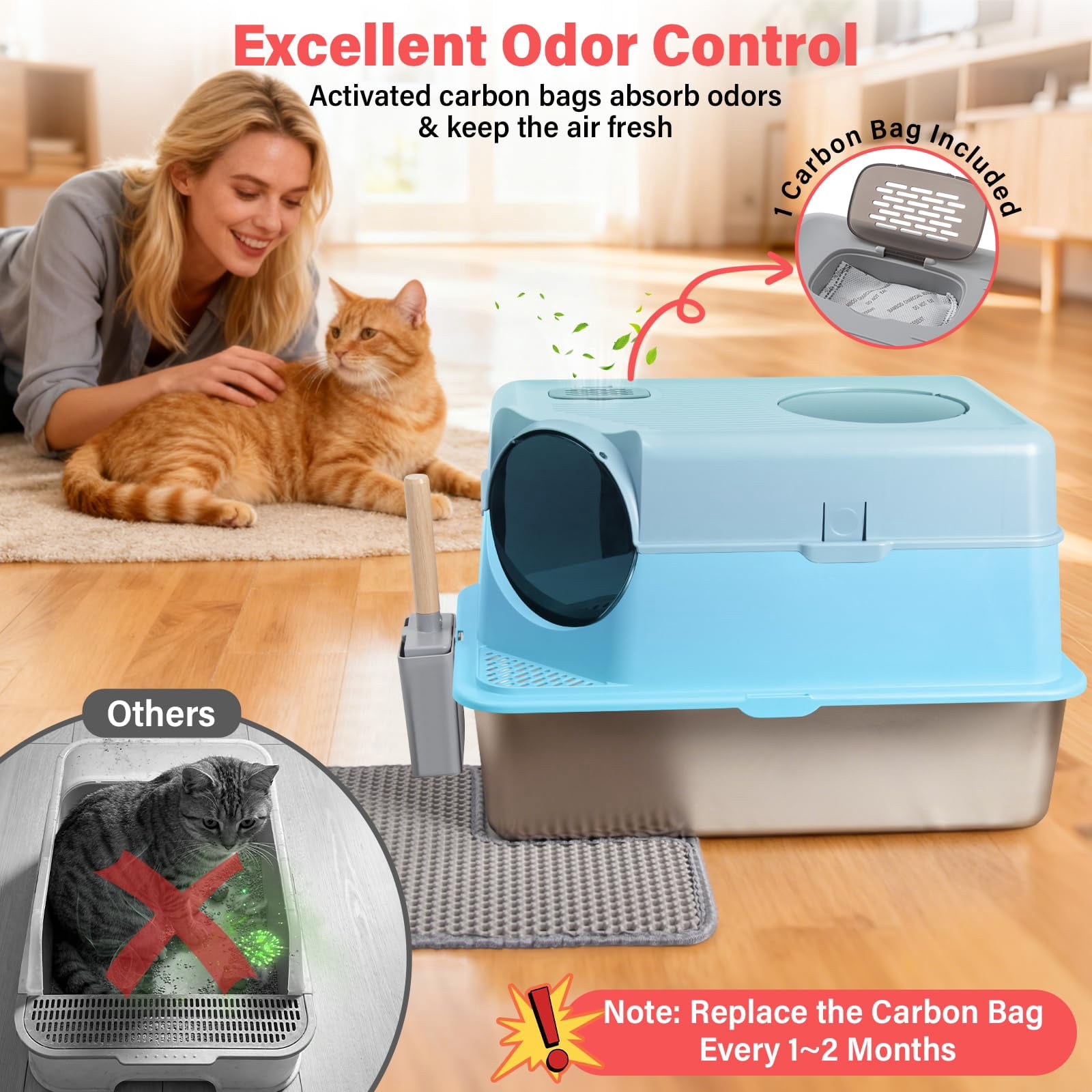 Enclosed Stainless Steel Cat Litter Box With Lid  Xl Large Metal Odor-free/anti-leakage & Non-stick/easy Clean High Sided Mat Scoop For Big Cats