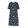 thumbnail image 4 of Dezsed Women Casual Loose Bohemian Floral Dress with Pockets Short Sleeve Long Midi Summer Beach Flowy Dress Navy M, 4 of 5