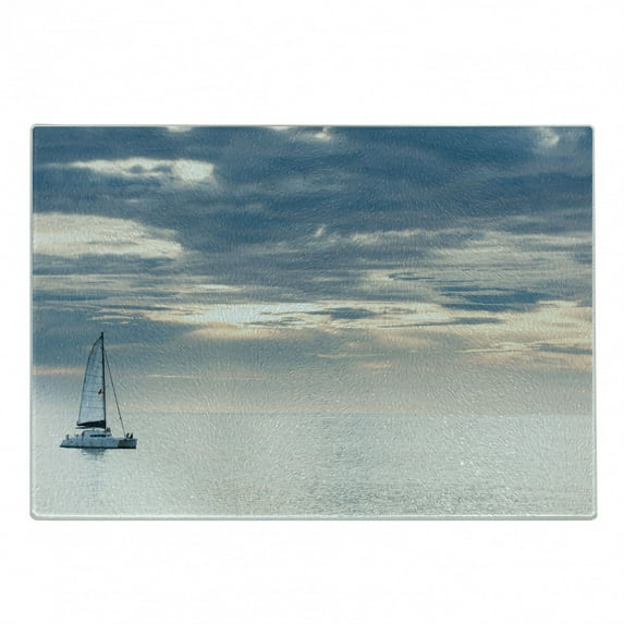 Nautical Cutting Board, Sailing Yacht in the Morning Time on Tranquil Seascape Cloudy Sky Peaceful Marine Image, Decorative Tempered Glass Cutting and Serving Board, Small Size, Blue, by Ambesonne