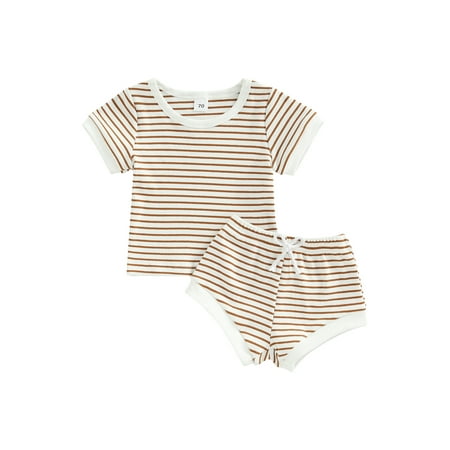 

Frobukio 2Pcs Toddler Baby Boys Girls Clothes Set Striped Round Neck Short Sleeve T-Shirt + Shorts for Summer Yellowish Brown 0-3 Months