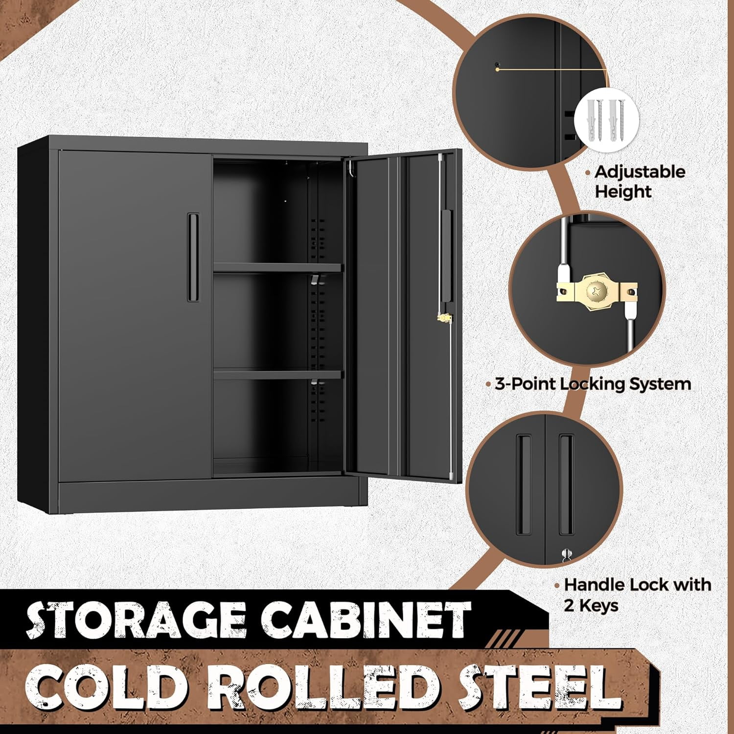 SOLAURA Metal Storage Cabinet with Locking Doors and 2 Adjustable Shelves, 36"H x 32"W x 16"D Office Cabinet for Home, Garage, Warehouse(Black)