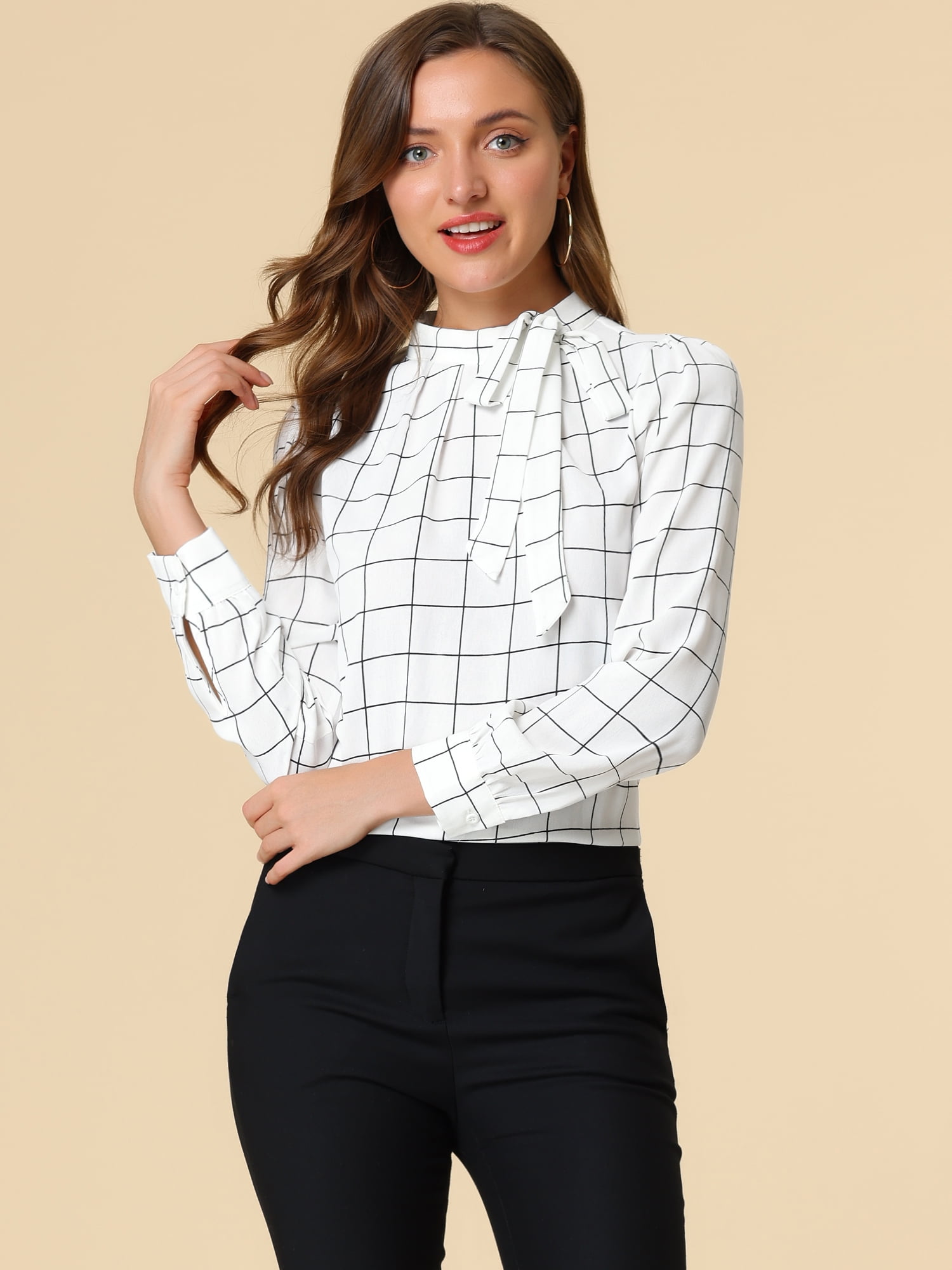 DARING DIVA Bow-Tie Neck Office Work Checks Shirt Top XS White