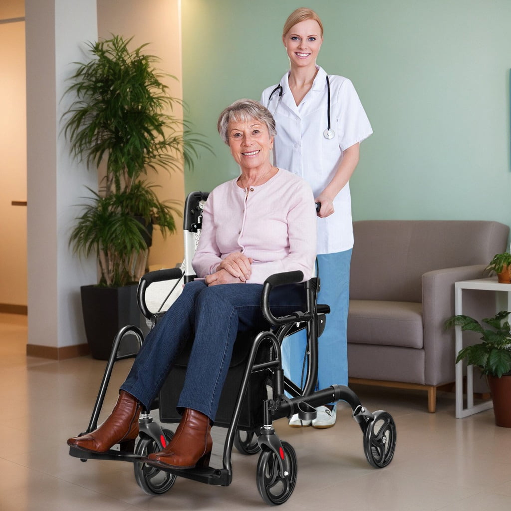 Resenkos Medical Mobility Walker,Folding Rollator Walker with 8-inch Wheels and Seat-Black
