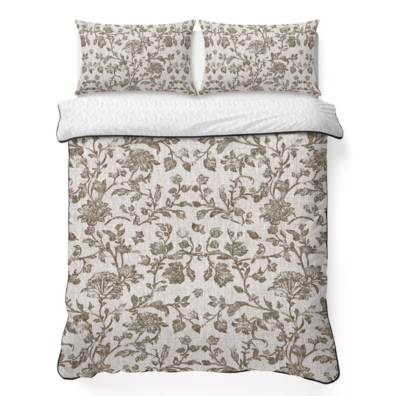 Twin XL Quilt Set 68''x98'', Farmhouse Brown Lightweight Summer Bedspread Coverlet Set with 2 Pillow Shams, Vintage Flower Leaf Botanical Plant Breathable All Season Quilt Bedding for Dorm/Guest Room