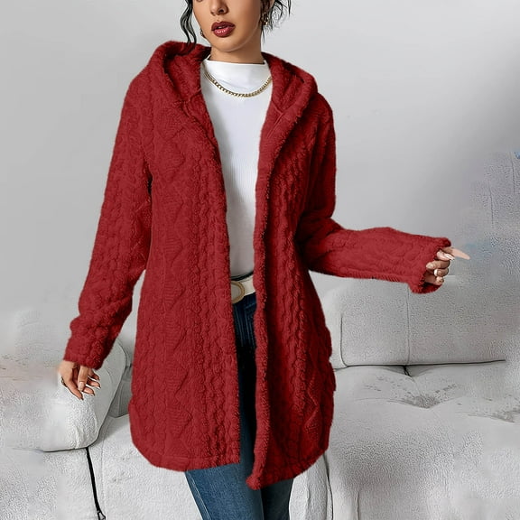 KIHOUT Women's Winter Fleece Lined Hooded Cardigan Coat - Soft Long Sleeve Loose Fit Button Front Cozy Outwear for Casual Daily Warmth