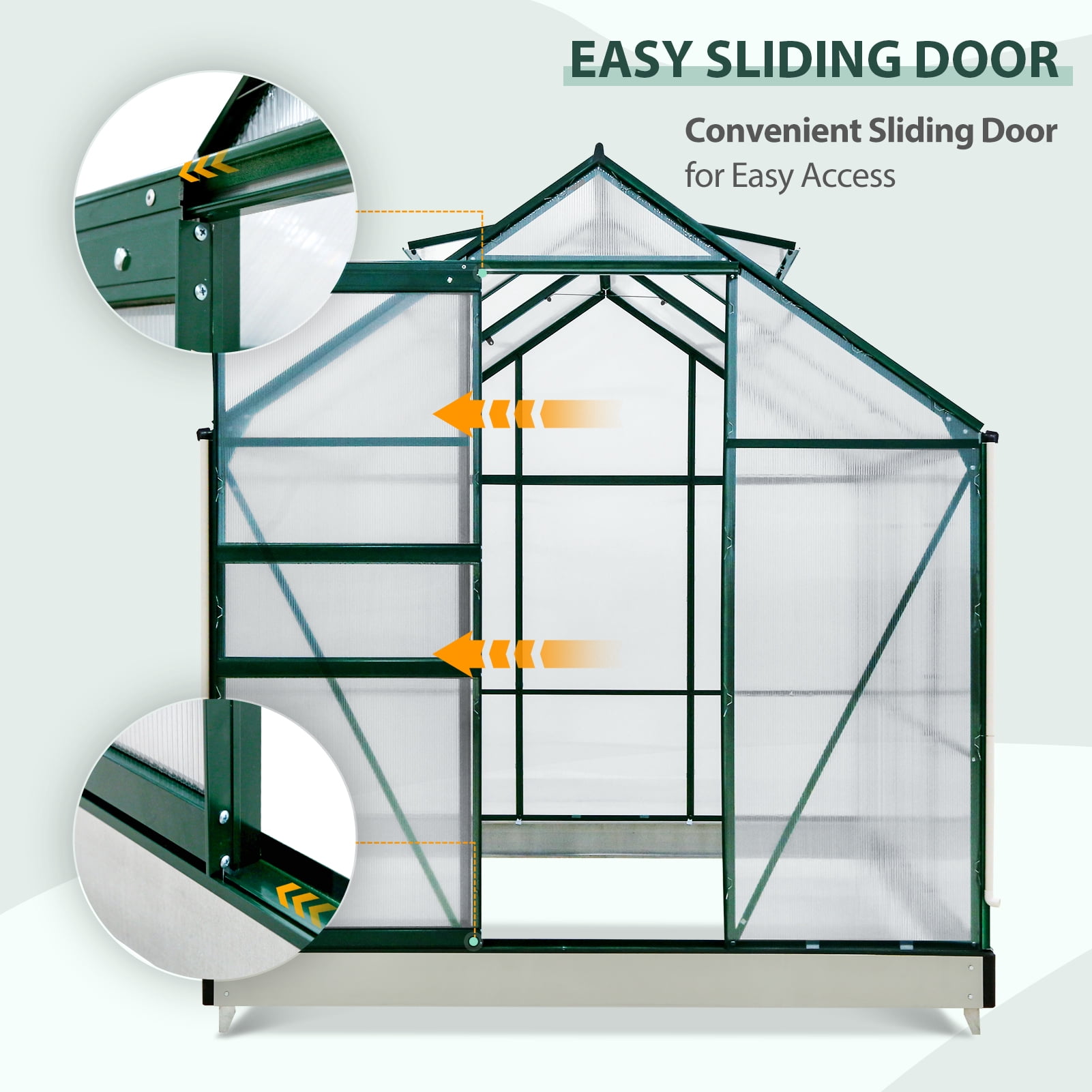 EAGLE PEAK 6x6x7 Outdoor Walk-in Hobby Greenhouse, Polycarbonate Aluminum Greenhouse with Adjustable Roof Vent and Rain Gutter, Base and Anchor, Dark Green