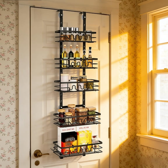 5 Tier Metal over the Door Pantry Organizer,2-in-1 Wall Mount & Hanging Spice Rack,Pantry Door Organizer with Adjustable Height Basket,for Kitchen Cabinet,Bedroom Closet,Bathroom