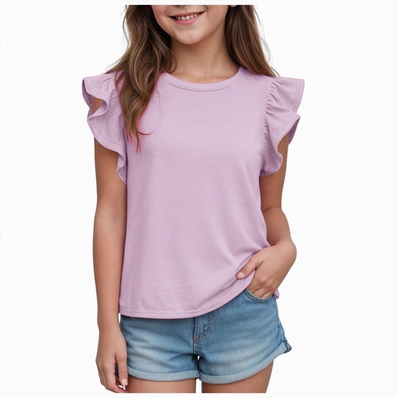 Xudanell Solid Color Shirts for Girls Flutter Sleeve Breathable Soft Casual Clothes for Everyday Summer Wear Purple 2-3 Years