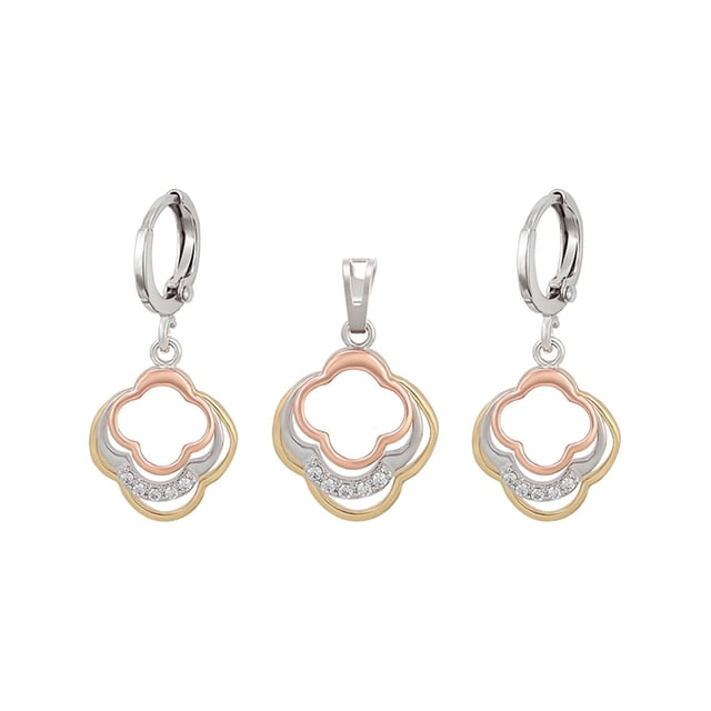 Set de Collar y Aretes Colgantes Flor Swarovski Oro 14K Lam blanco Unitalla