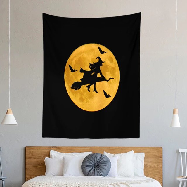 Tapiz de Tela con estampado de calabaza, calavera y bruja, decoración de pared para el hogar, sala de estar, dormitorio, Fondo de Halloween