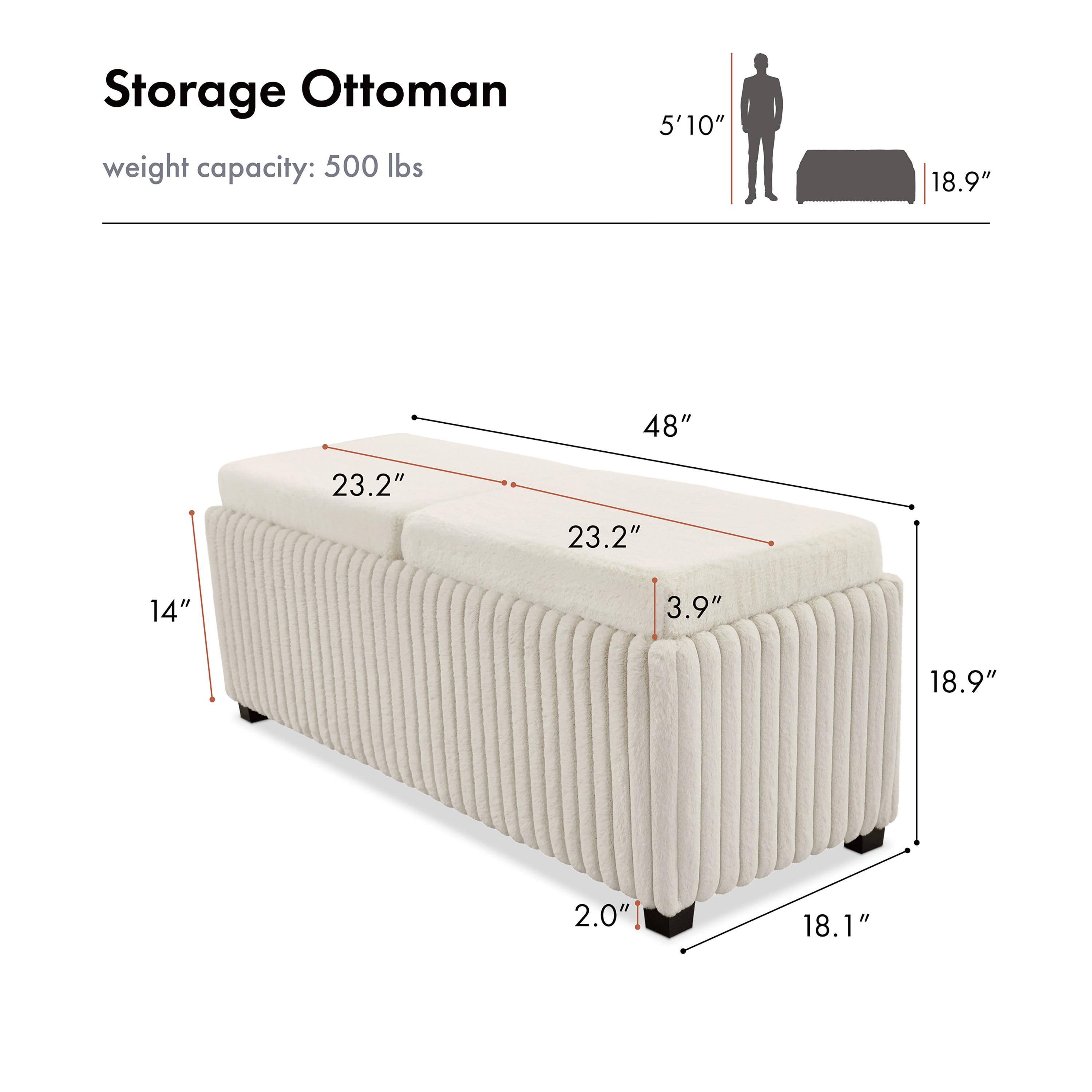 Furniture of America Terri Modern Corduroy Two Tray Tops Storage Ottoman, White