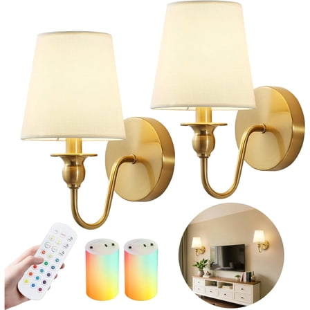 Battery Operated Wall Sconces set of Two,Wireless Wall Sconces with 10000mAh Dimmable Bulb and Remote,LED 15 Colors Rechargeable Gold Wall Sconce with Fabric for Bedroom Living Room
