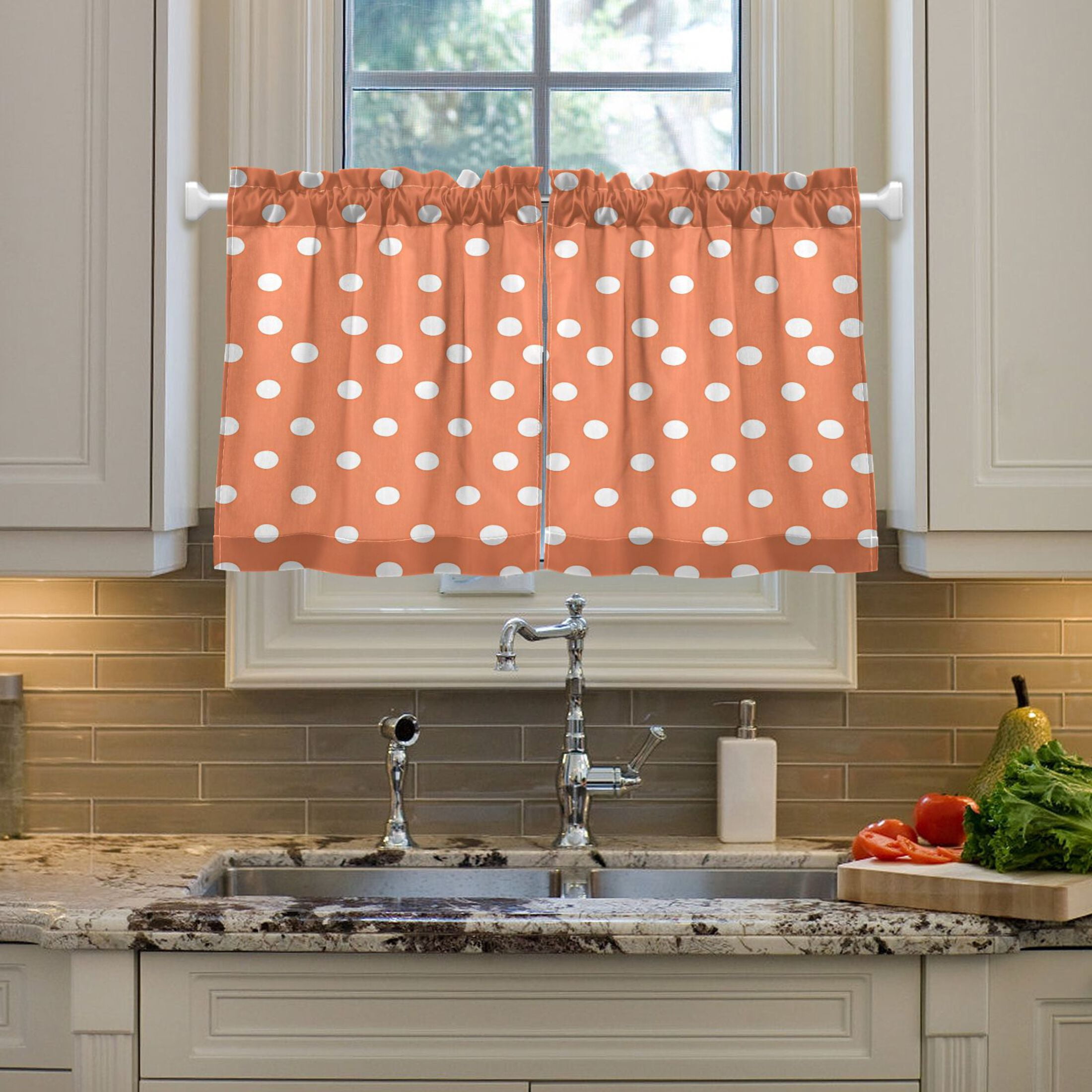 White Polka Dots 27"x36" Linen Look Cafe Curtain Set with Privacy and UV Protection