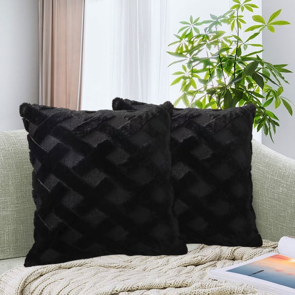 HCBY 1 PC Solid Color Square Plush Pillow Cover with Grid Pattern & Hidden Zipper, Modern Throw Pillowcase for Sofa Bedroom Decor (Black,15.7"x15.7")