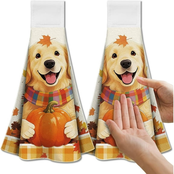 Dog and Autumn Pumpkin Hanging Kitchen Towels with Loop Set of 2 - Soft & Super Absorbent Microfiber Decorative Hanging Dish & Hand Towel Tea Coffee Towel for Kitchen Bathroom Oven Handle
