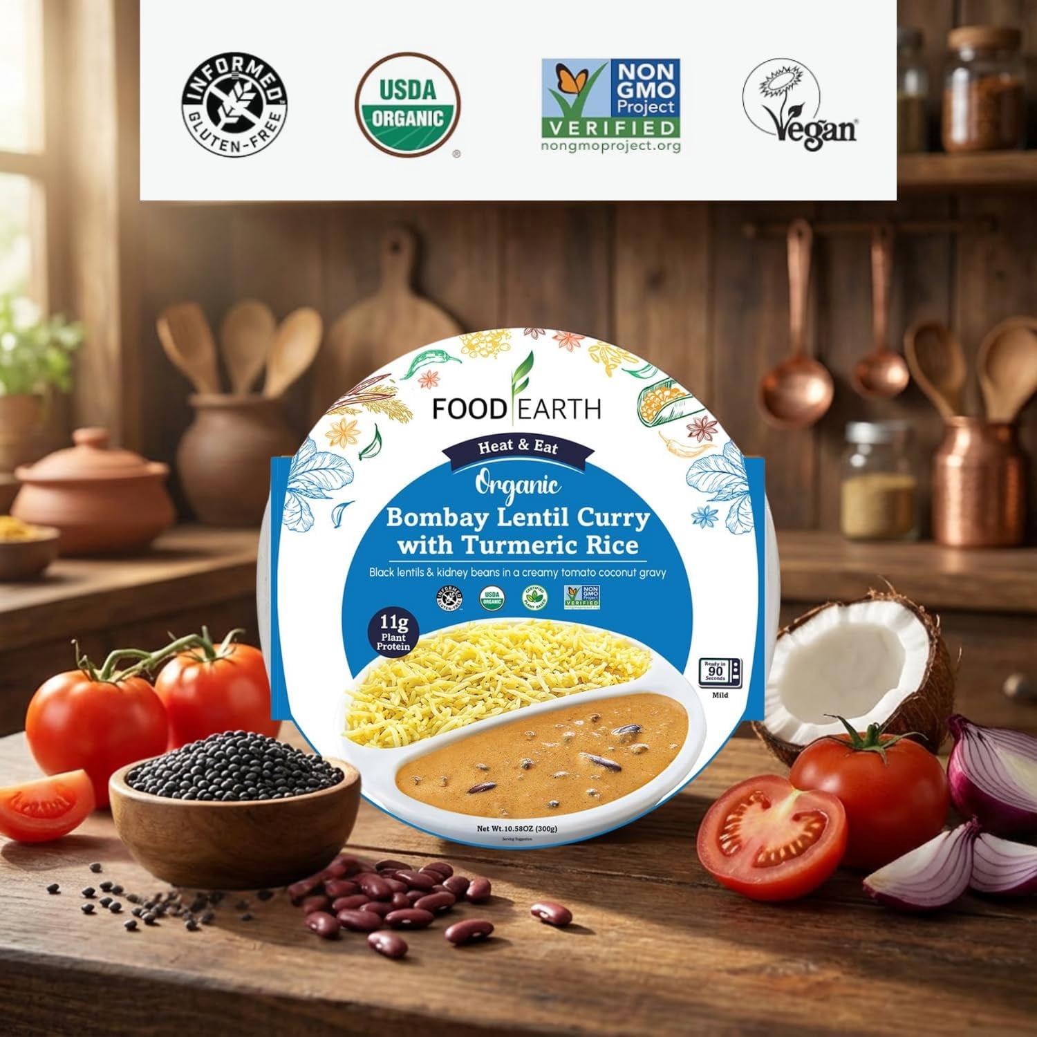 Food Earth -Organic Bombay Lentil Curry with Turmeric Rice Ready to Eat Indian Meal , 100% Organic, Vegan, Gluten-Free, Heat & Serve,10.58 oz, 6 units Shelf Stable
