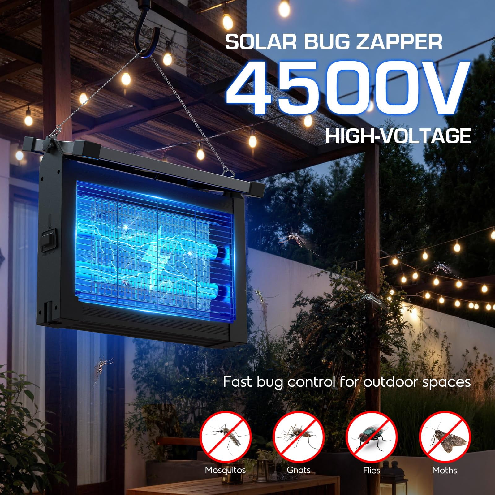 Solar Zapper Outdoor Waterproof  4500v High Power Cordless Mosquito With Smart Light Sensor Dual & Usb Rechargeable Insect Killer For Patio Garden Backyard Indoor Use