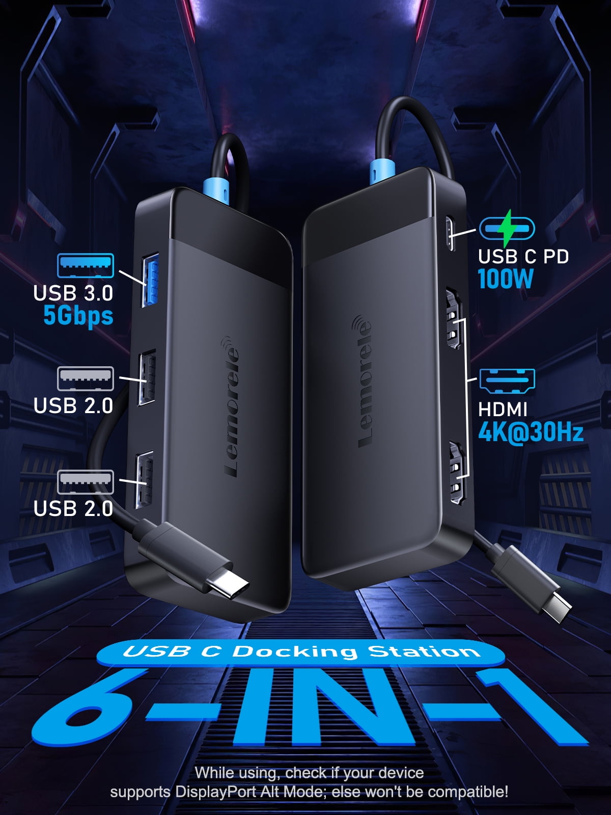Lemorele TC122 6-in-1 USB C Hub with Dual 4K HDMI, 100W PD Charging, 3 USB Ports, Portable Docking Station for Windows Laptop Dual Monitor, MacBook, Dell, HP, Lenovo