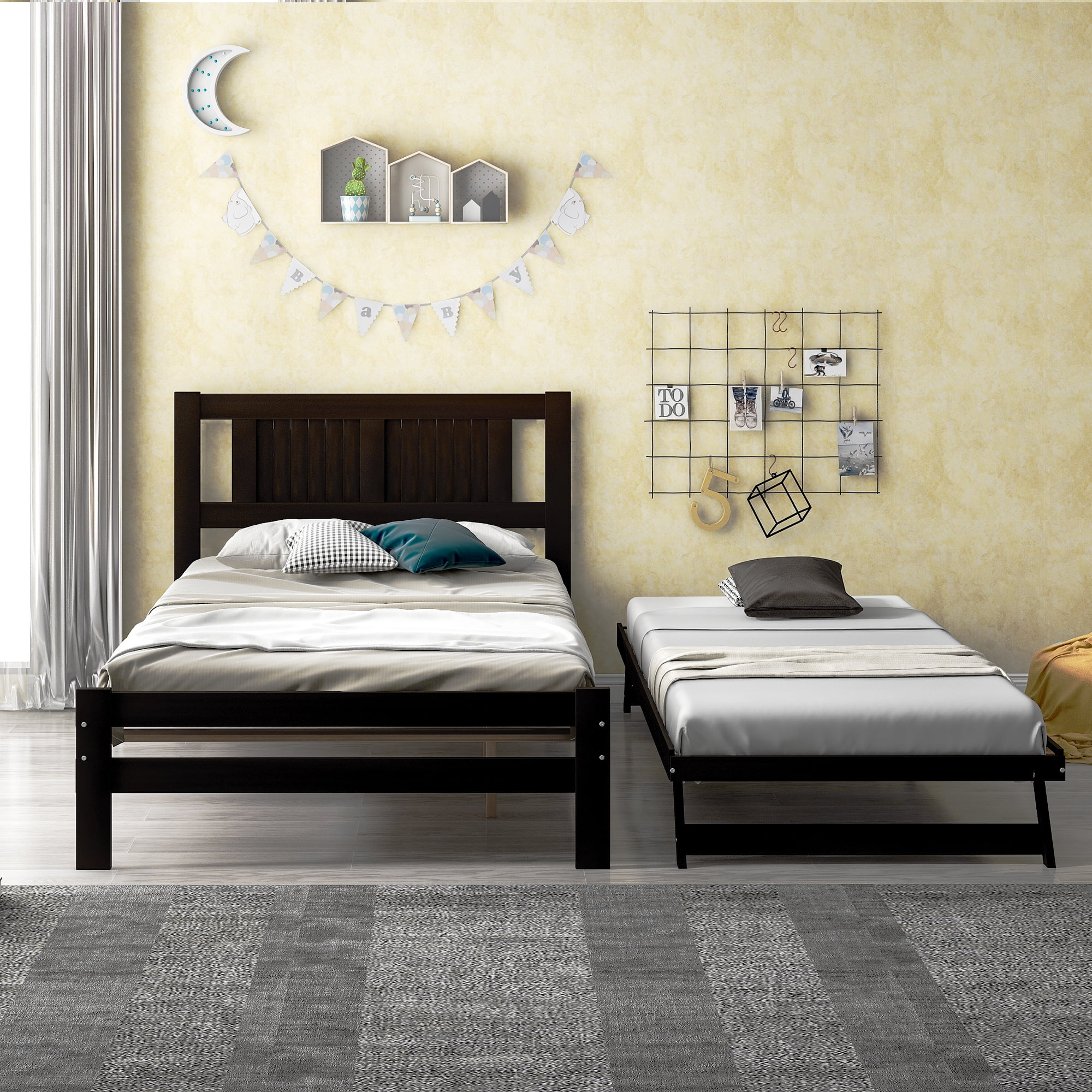 Euroco Pine Wood Space-Saving Platform Bed, Full for Kids Bedroom, Brown