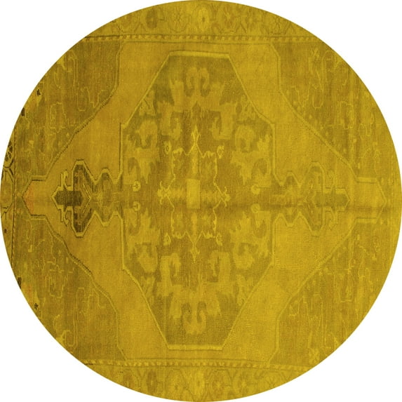 Ahgly Company Machine Washable Indoor Round Abstract Yellow Contemporary Area Rugs, 4' Round