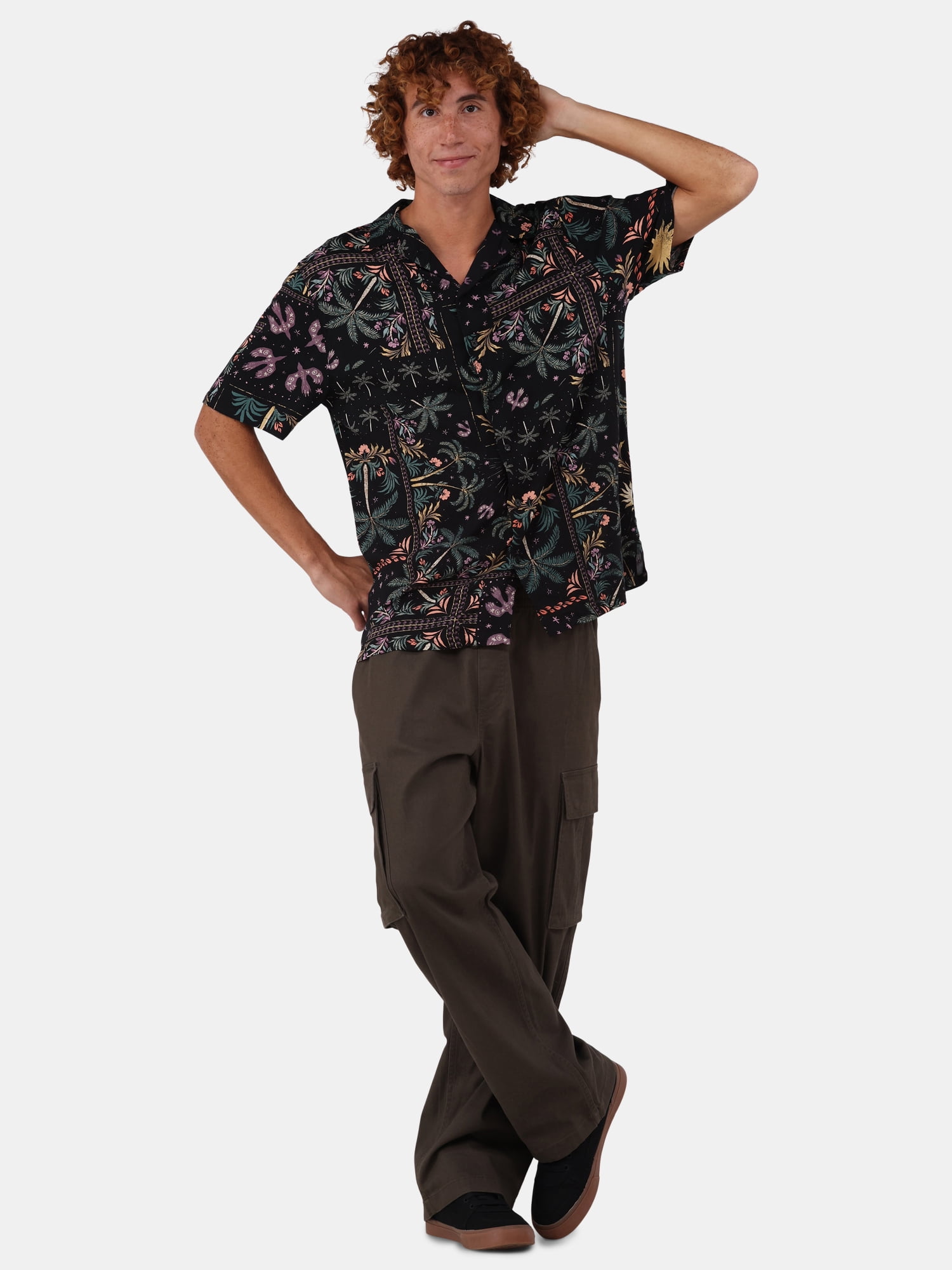 No Boundaries Printed Rayon Button Up Resort Shirt with Short Sleeves, Men's & Big Men's