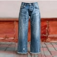 thumbnail image 5 of CLOISE Denim Pants for Women with Pockets Mid Waist Straight Leg Cropped Denim Pants Solid Baggy Casual Outfits Blue S, 5 of 8
