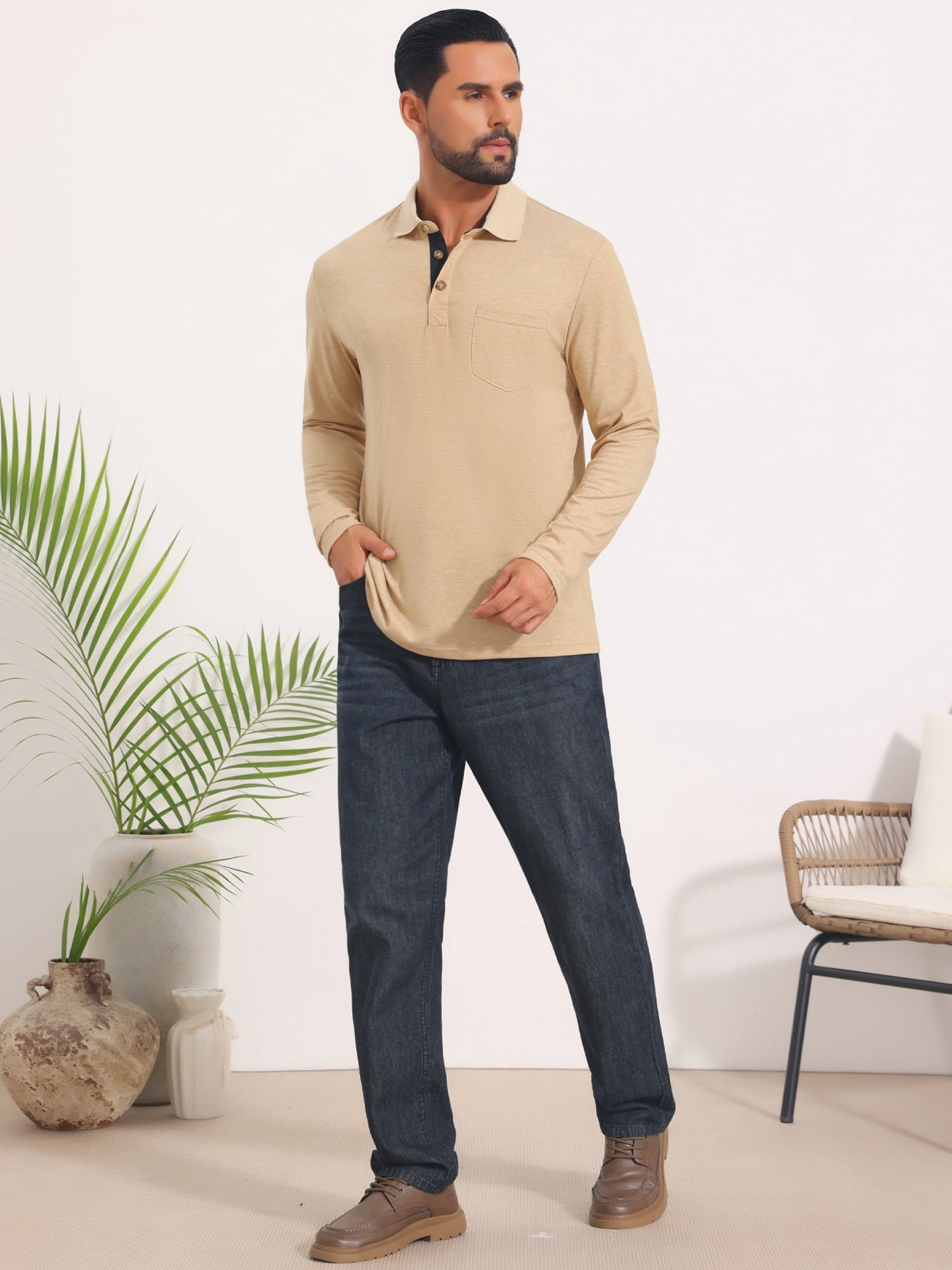 DARING DIVA Men's Contrast Button Collared Long Sleeves Golf Polo T-Shirts XL Beige