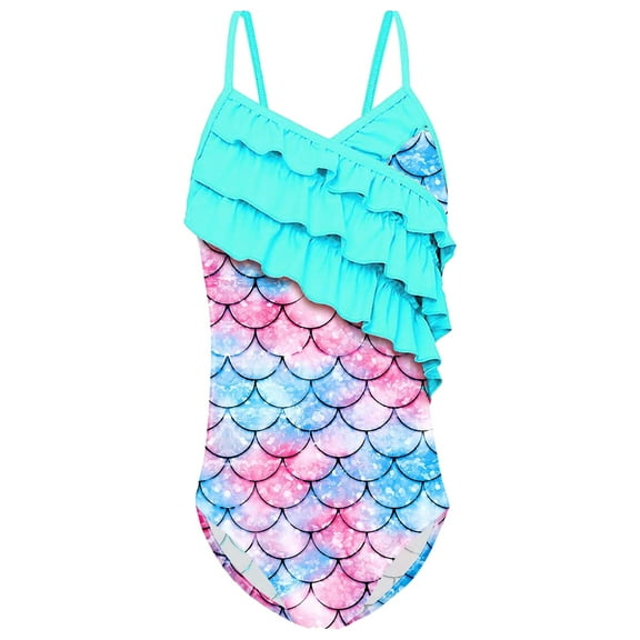 WOYY Big Girls One-Piece Swimsuit Ruffle Scales Print Spaghetti Strap Bathing Suit