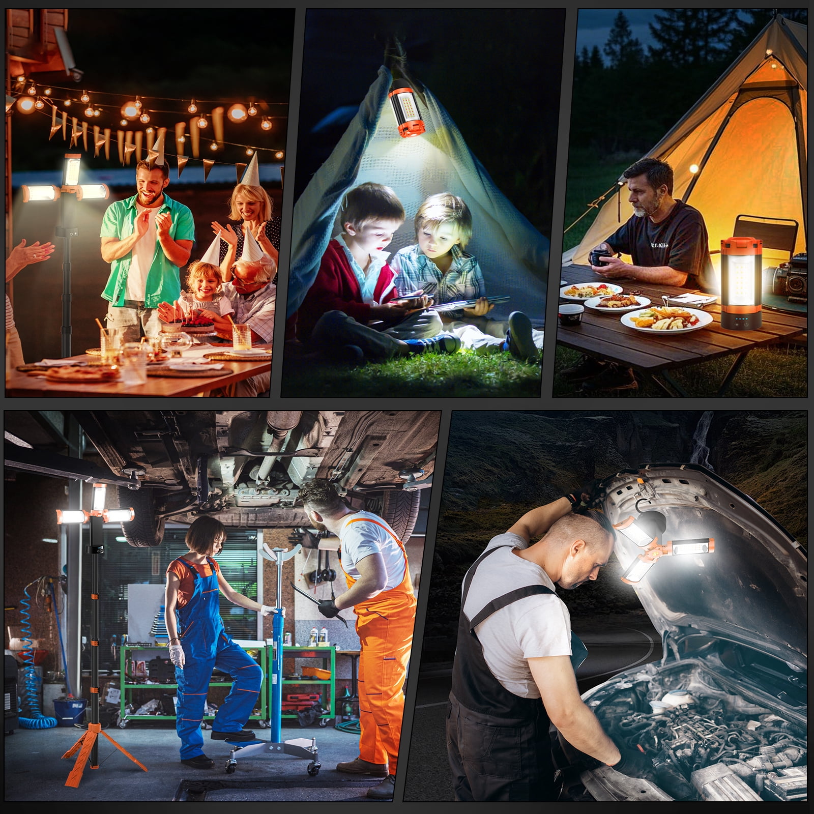 DIMGOGO Camping Light with Stand, 12000mAh Rechargeable Work Light, 10000 Lumen Dimmable Cordless Work Light with 3 LED Lamp Heads, Magnetic Emergency Flashlight with 79" Detachable Tripod